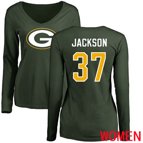 Green Bay Packers Green Women 37 Jackson Josh Name And Number Logo Nike NFL Long Sleeve T Shirt